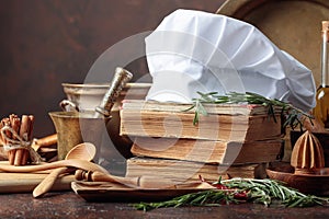 Old kitchen utensils with spices and rosemary on a kitchen table