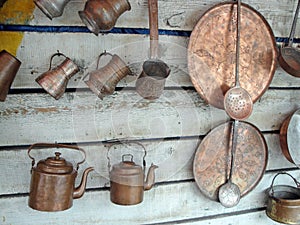 Old kitchen utensils on the wall