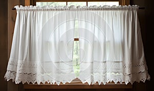 Old kitchen window in countryside cottage, romantic white lace curtains, retro old country scene.