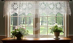 Old kitchen window in countryside cottage, romantic white lace curtains, retro old country scene.