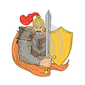 Old Knight Sword Shield Drawing