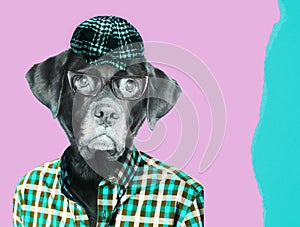 Old labrador dog retriever wearing eye glasses, wearing a vintage pageboy cap. Contemporary art collage