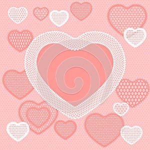 Old lace background, pink card with hearts