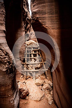 Old Ladder Climbs Up Boulder Jam In Wire Pass
