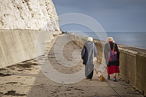 Old ladies walking their dog along Brighton sea front