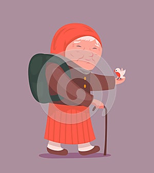 Old Lady Adult Traveler Cartoon Design Character Icon on Stylish Background Vector Illustration