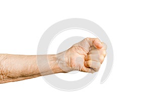 Old lady arm. Elderly woman fist isolated on white background