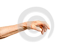 Old lady arm. Hand of elderly women on a white background