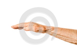 Old lady arm on a white background. Hand of elderly woman with open palm