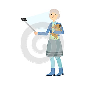 Old Lady With Dog Taking Picture With Selfie Stick Illustration