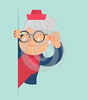 Old Lady Gossip Listen Overhear Spy Out Corner Adult Cartoon Character Flat Design Vector Illustration