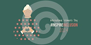 Old lady on International Women\'s Day 2024 banner. IWD InspireInclusion horizontal design with woman shows Heart Shape photo