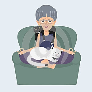 Old lady meditating at home with cats vector cartoon