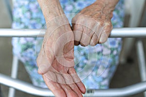 Old lady`s hand. Elderly lady is waiting for help. Senior lady experiencing bad service and conditions in retirement