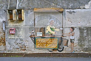 Old lady selling Susu Soya Asli & Segar Street Art Mural in Georgetown, Penang, Malaysia