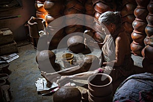 An old lady sitting inside her home making mud pot in her home