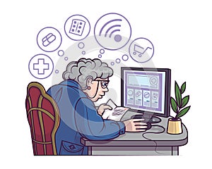 Old lady sitting near computer and ordering pills. Concept of special offers at online stores