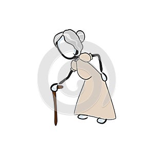 Old lady with stuff walking. Vector simple aged grandmother. Stickman no face clipart cartoon. Hand drawn. Doodle sketch, graphic