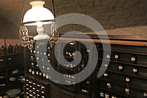 Old lamp in cellar of pharmacy-museum in Lviv, Ukraine