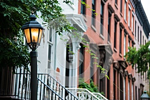 Old lamppost near red brick apartments, New York City