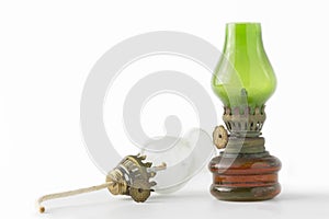 Old lantern green glass isolated on white background.