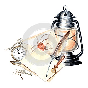 Old lantern, pocket watch, keys and writing instruments. Template watercolor composition retro. Isolated illustration of