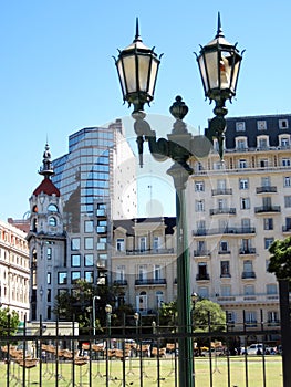 Old lanterns in Plaza Lavalle in front of the Colon Theater of Buenos Aires Argentina