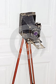 Old large format photographic camera with bellows on wooden trip