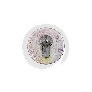 Old latch hole isolated closeup on white background