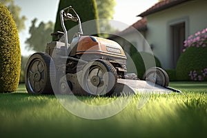 Old lawnmower on beautiful manicured garden lawns