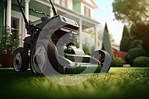 Old lawnmower on beautiful manicured garden lawns