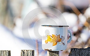 Old leaky mug and winter garden. Winter in Canada