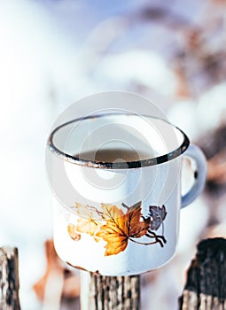 Old leaky mug and winter garden. Winter in Canada