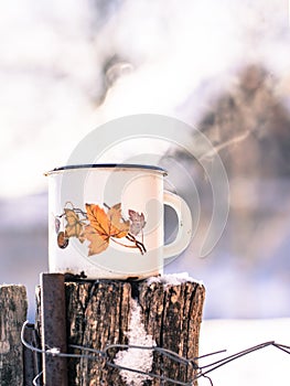 Old leaky mug and winter garden. Winter in Canada