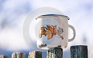 Old leaky mug and winter garden. Winter in Canada