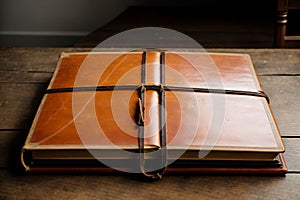 An old leather bound book on a wooden table