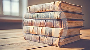 Old Leather-Bound Books in a Stack on Wooden Table, Featuring Ai Generated