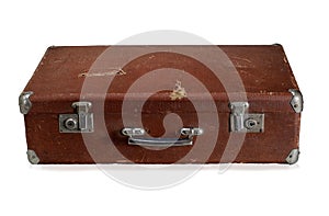 Old leather brown vintage travel suitcase isolated on white background. Symbol and concept of travel. Adventure time