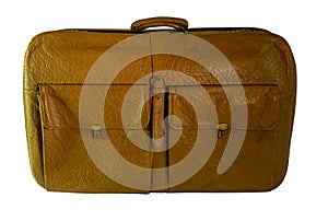 Old leather travel suitcase isolated on white with clipping path