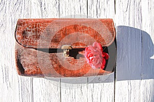 Old leather vintage reticule bag with rose photo