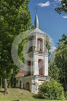 Old leftover baroque  bell tower from destructed church. PabirÅ¾Ä—. Lithuania