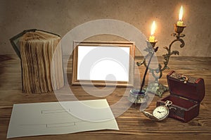 The old letter page. Back to school. Memoirs. Photo frame with copy space. Writer table concept. Education.