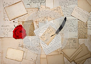 Old letters, handwritings, vintage postcards and red rose