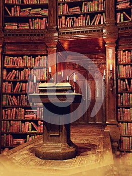 Old library with a book stand and candles