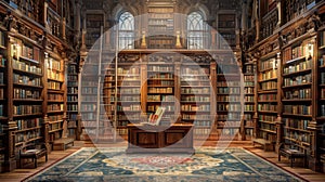 Old library with bookshelf and arched windows. 3d rendering