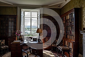 Old library with a desk and vintage lamp in a historical room with a bright window