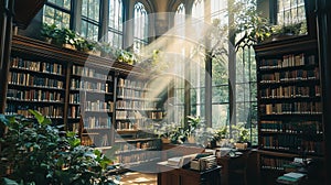 Old library interior, natural light beams, plants on windowsills.