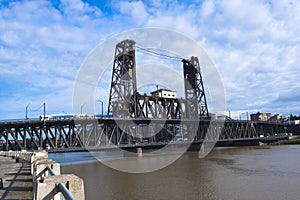 Old lifting bridge two towers Willamette river Portland Down Tow