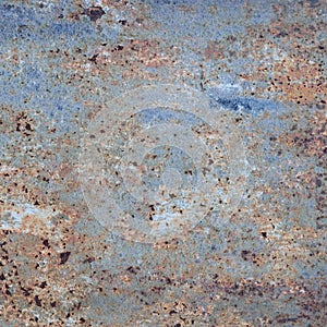 Old light blue painted grey rusty rustic rust iron metal background texture, horizontal aged damaged weathered scratched plain