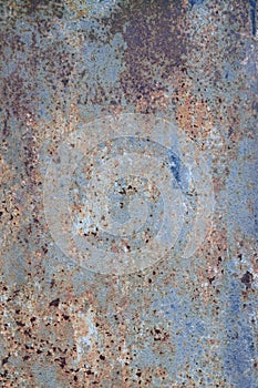 Old light blue painted grey rusty rustic rust iron metal background texture, vertical aged damaged weathered scratched plain paint